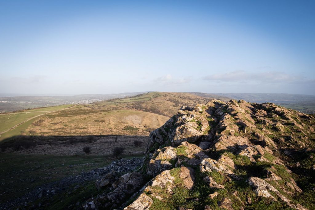 Limestone outcrop of Crook Peak towards Cheddar reservoir